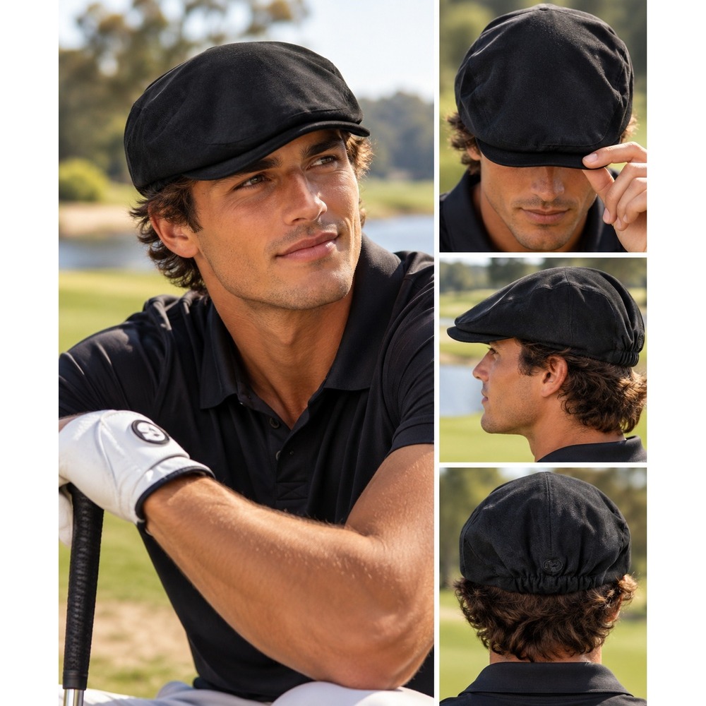 St. Andrews Golfing Flat Cap Black Newsboy Ivy Hat Elastic Back Accessory #1650
